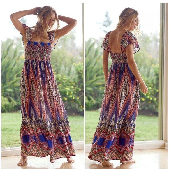 Anthropologie Blue and Purple Smocked Tiered Maxi Dress - Picture 2 of 9